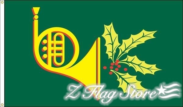 A green flag with a yellow horn and holly.