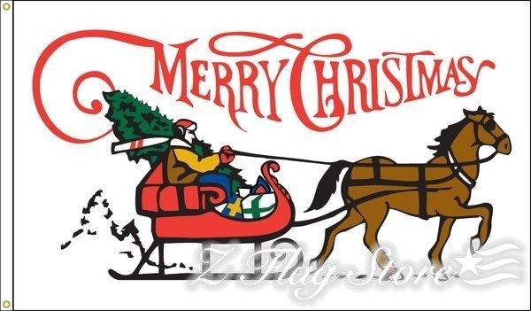 A merry christmas sign with santa in his sleigh.