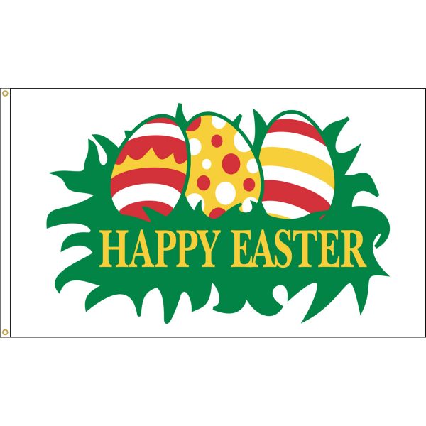 A happy easter flag with three eggs on it.