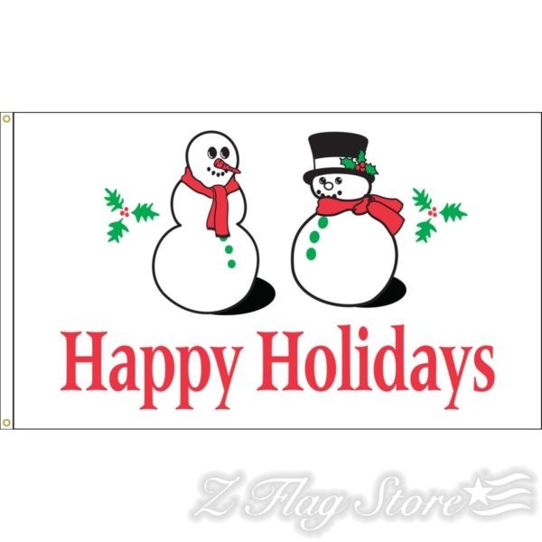 A happy holidays flag with two snowmen