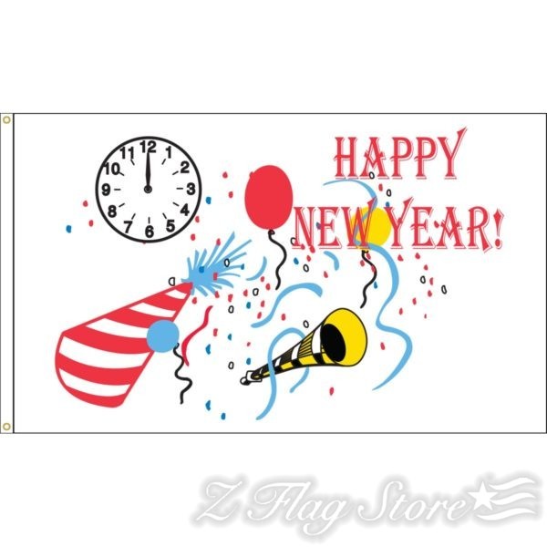 A new year 's eve party flag with balloons, fireworks and clocks.