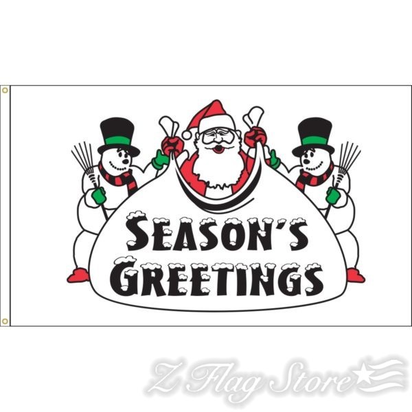 A white flag with two snowmen and santa clause.