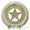 A gold colored badge with the words " confederate veteran " in it.